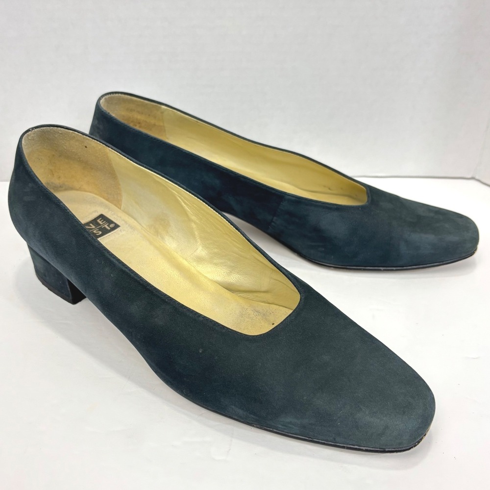 Vintage 90s Suede Almond Toe Pumps Womens 10 Blue Leather Low Block Heel Classic